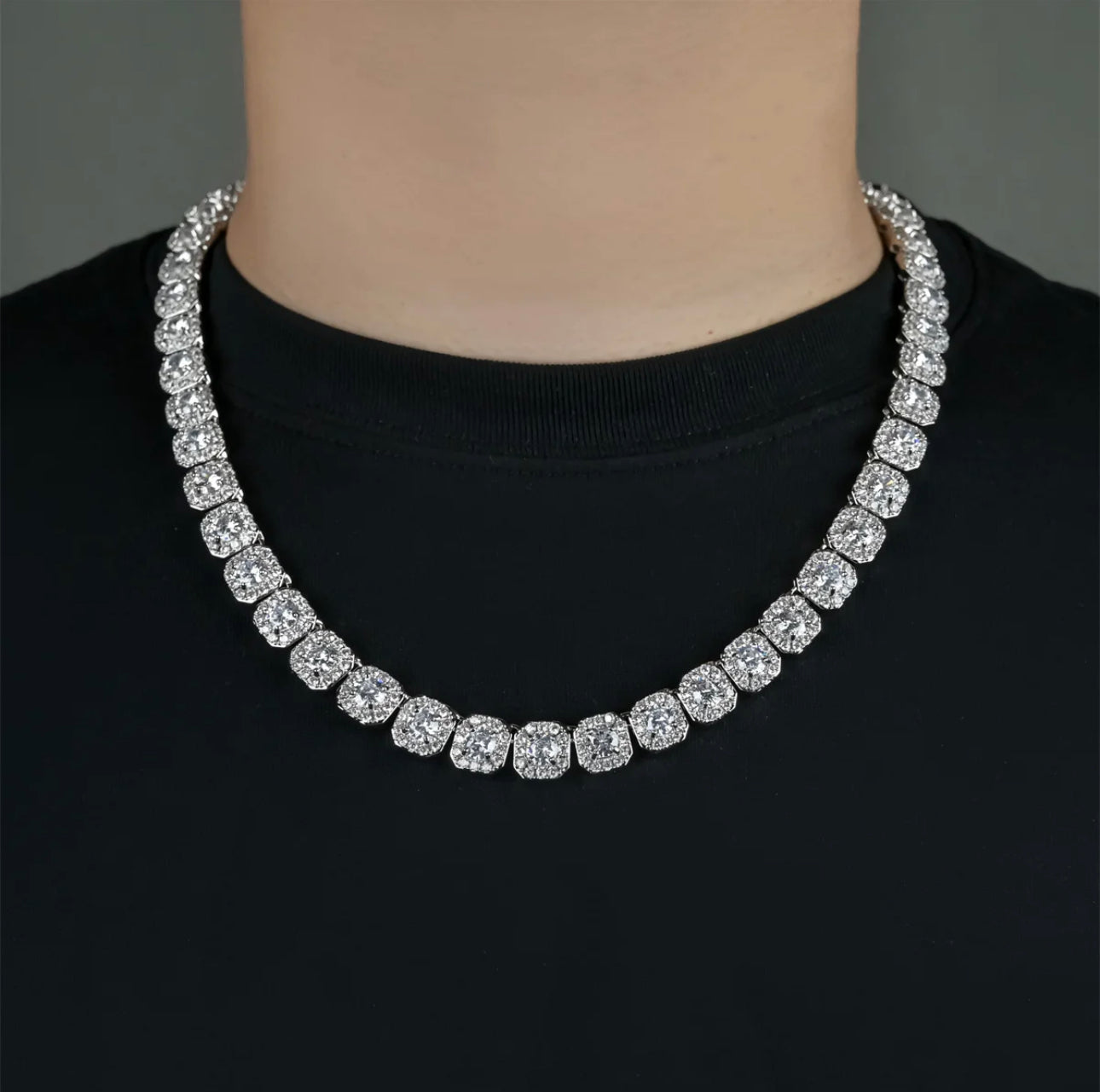 Mens Square Diamond Necklace Set on Sterling Silver