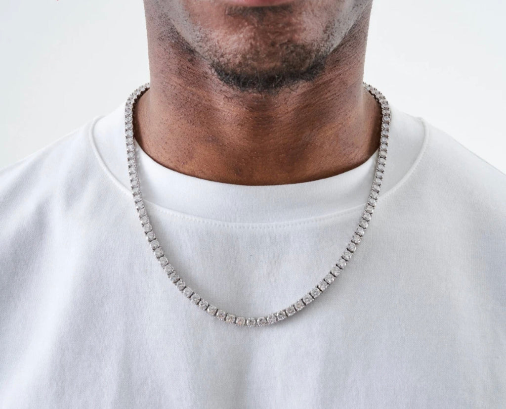 Mens Square Diamond Necklace Set on Sterling Silver